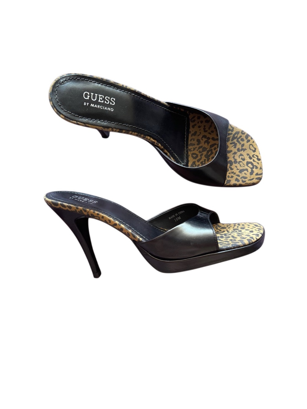GUESS “Shimmy” Black Leather Slide Stiletto Heels with Leopard Accents